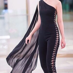 One-Shoulder Black Lace-Up Jumpsuit